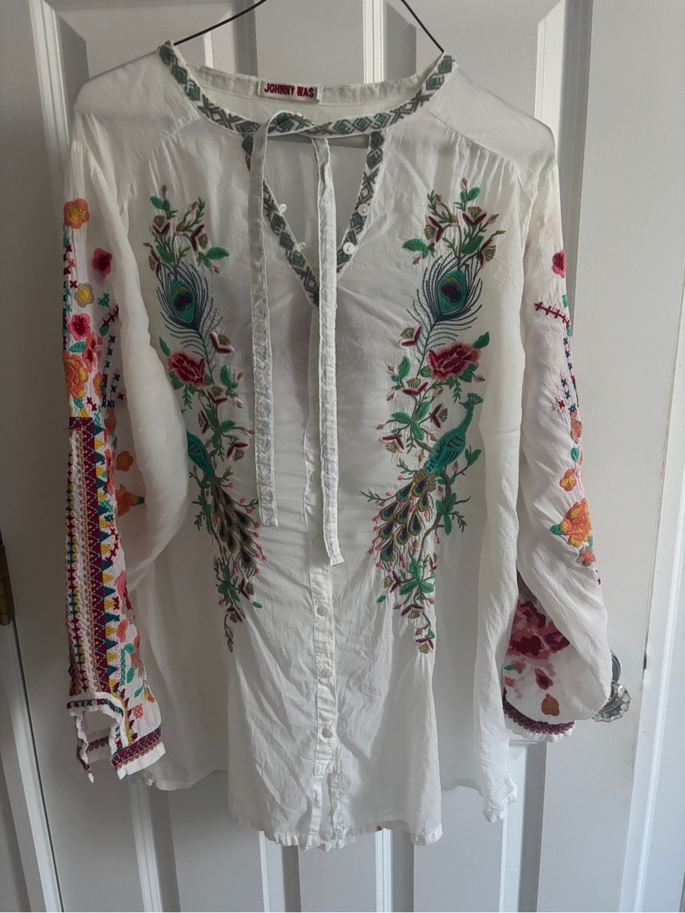 Johnny Was White Embroidered Peasant Blouse- Large